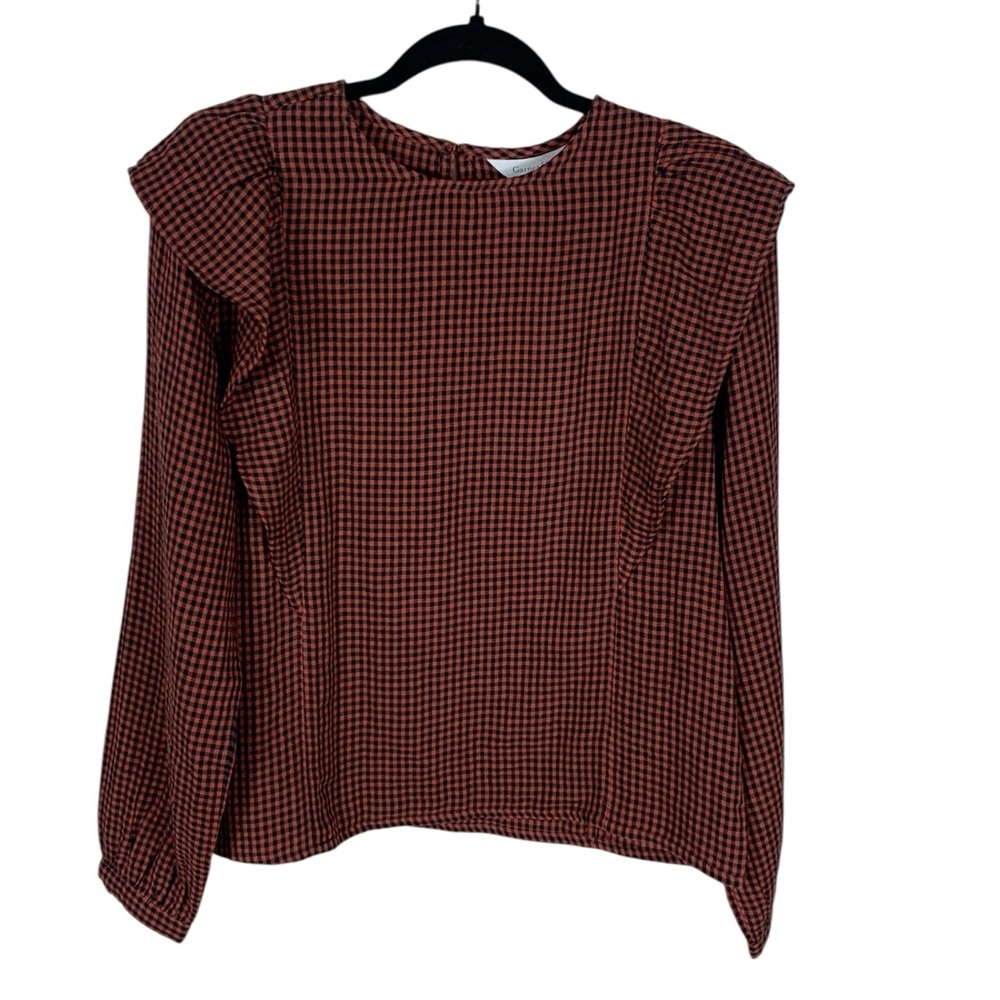 LAST CHANCE! Garnet Hill Orange Black Gingham Long Sleeve Ruffle Cotton Top XS
